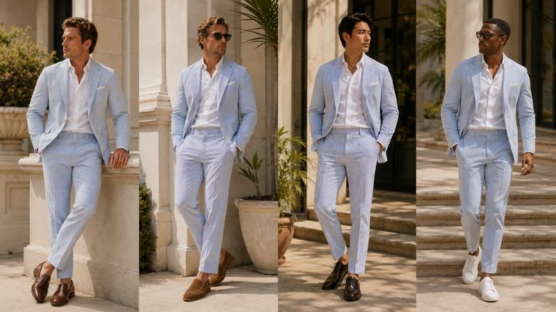 Brown loafers and modern footwear styled with a seersucker summer outfit