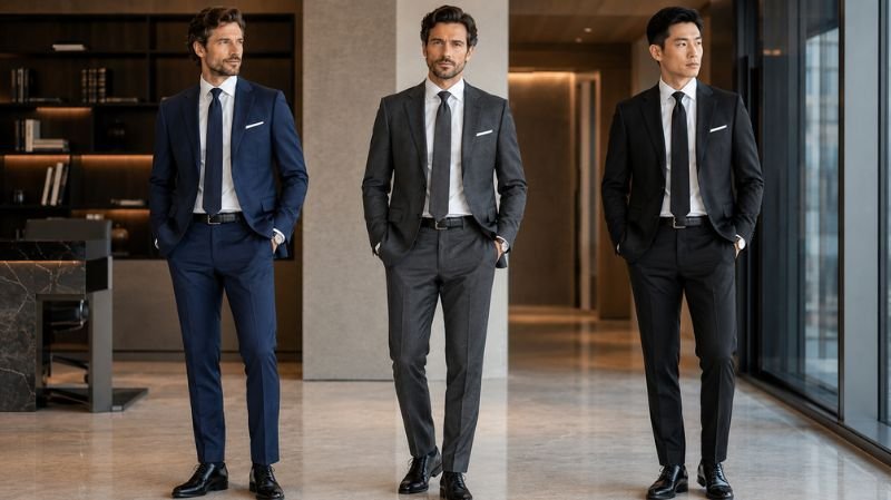 navy charcoal and black business suits for men