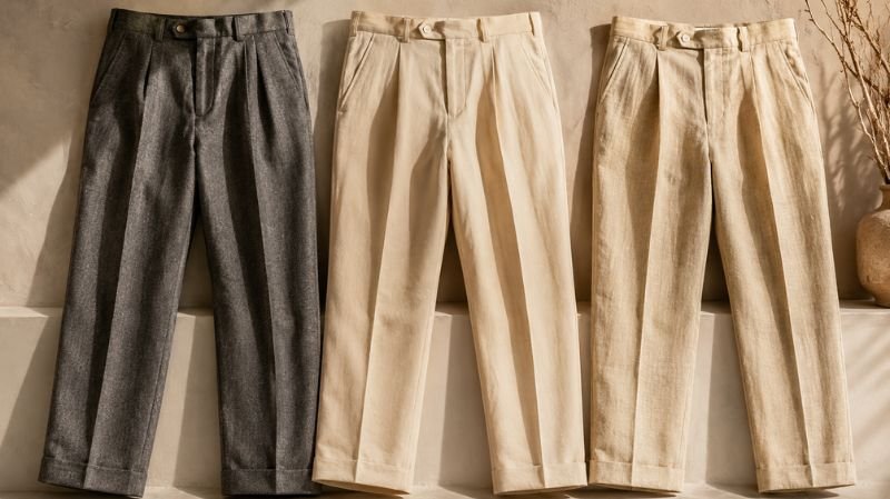 What Are Pleated Pants? Benefits, Styling and Outfit Ideas Pleated pants made from wool, cotton, and linen fabrics displayed together.