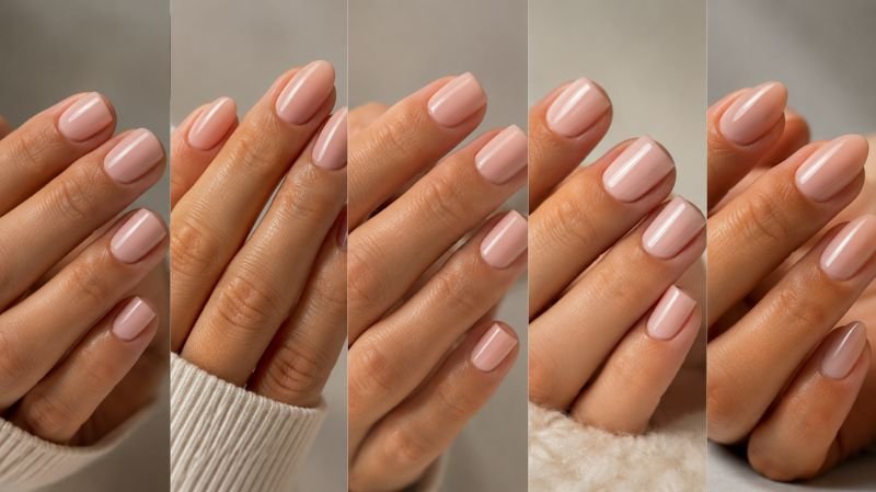 Different short acrylic nail shapes including oval square almond and squoval