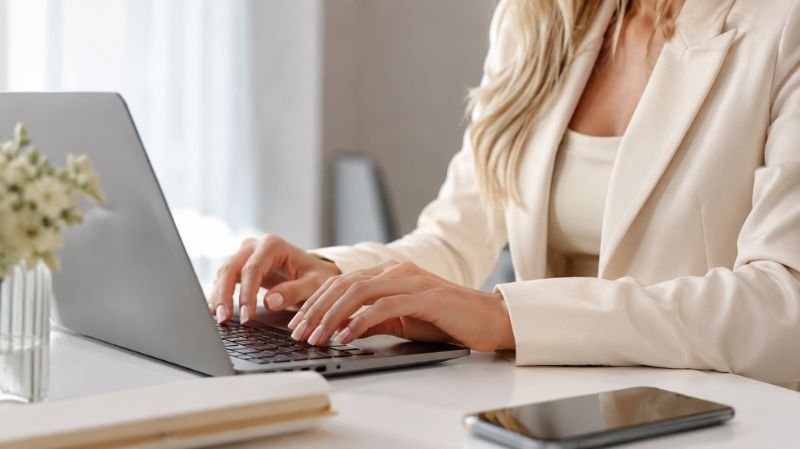 Woman wearing practical short acrylic nails during daily activities