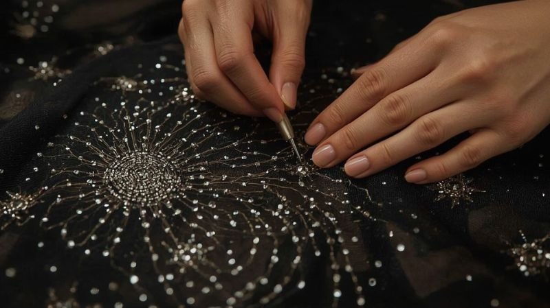 Hand beading craftsmanship on embellished fashion dress