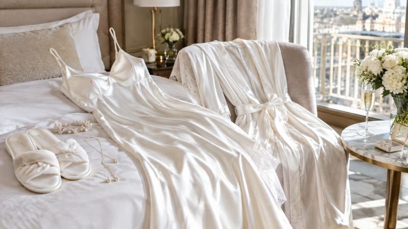 What to Wear on Your Wedding Morning for Beautiful Photos and Real Comfort White bridal nightgown with robe slippers and delicate jewelry
