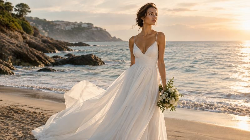 Flowing wedding dress for a beach wedding