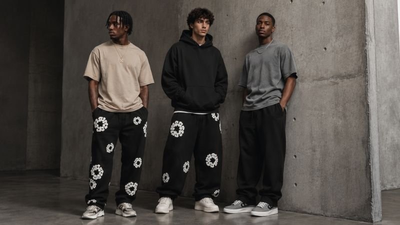 Denim Tears Sweatpants: Styles, Fit, Sizing & Buying Guide Different Denim Tears sweatpants styles in relaxed and oversized silhouettes