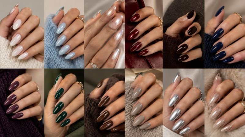 Winter Nails 2026: 30+ Trendy Nail Designs, Colors & Ideas Winter nail color palette featuring milky white, glacier blue, burgundy, navy, plum, emerald and chocolate