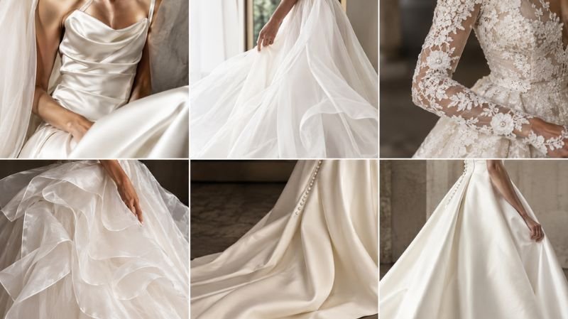 Wedding dress fabrics satin crepe chiffon organza lace and mikado
