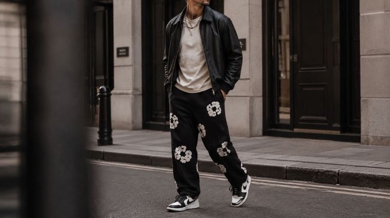 Denim Tears Sweatpants: Styles, Fit, Sizing & Buying Guide Denim Tears sweatpants styled with sneakers for a streetwear outfit