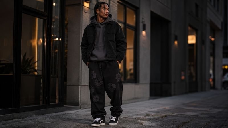 Denim Tears Sweatpants: Styles, Fit, Sizing & Buying Guide Denim Tears sweatpants styled with a neutral hoodie and jacket
