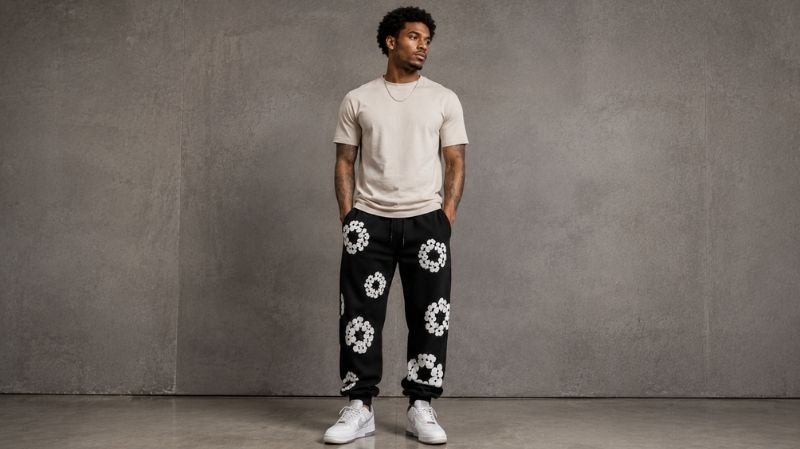 Denim Tears Sweatpants: Styles, Fit, Sizing & Buying Guide Model wearing relaxed fit Denim Tears sweatpants for sizing comparison