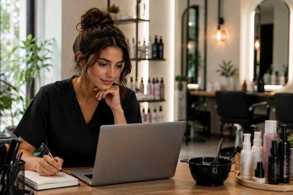 How to Choose Career-Boosting Cosmetology CE Courses Cosmetologist taking an online continuing education courses