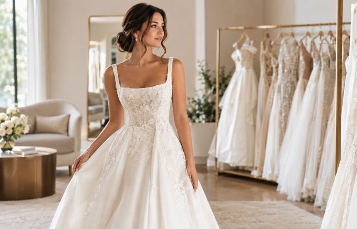 Bride choosing an elegant wedding dress in a bridal boutique