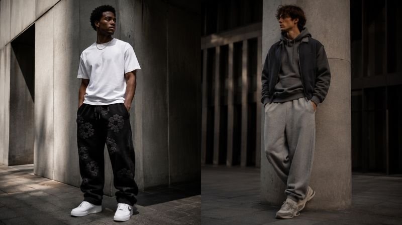 Denim Tears Sweatpants: Styles, Fit, Sizing & Buying Guide Black and grey Denim Tears sweatpants styled in neutral streetwear outfits