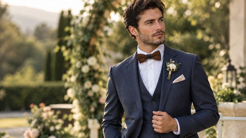 Wooden Bow Tie: Stylish Designs, How to Wear & Best Picks Groom wearing a wooden bow tie with a tailored wedding suit