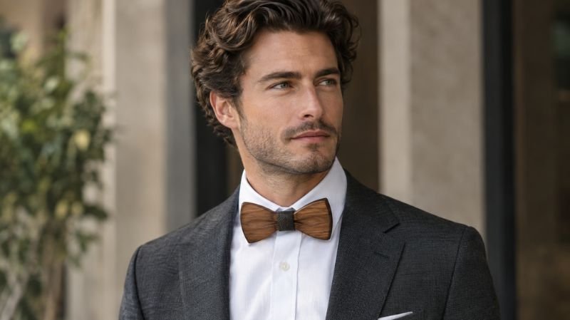 Wooden Bow Tie: Stylish Designs, How to Wear & Best Picks Man wearing a wooden bow tie with a white shirt and tailored jacket