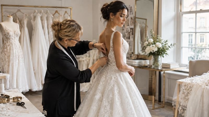 Bridal seamstress performing wedding dress alterations