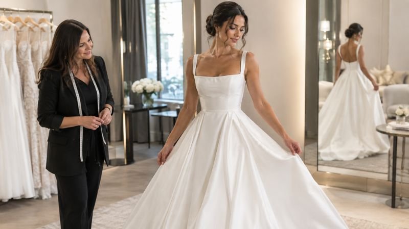 Bride testing wedding dress movement during fitting