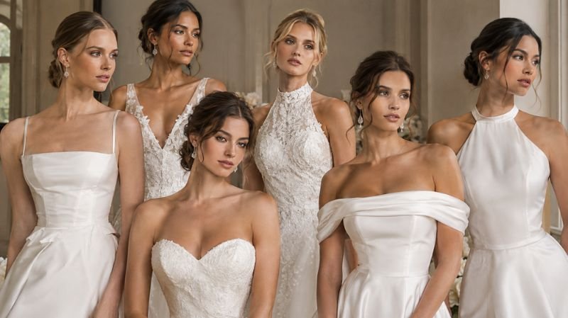 Wedding dress neckline styles including sweetheart V-neck square and halter