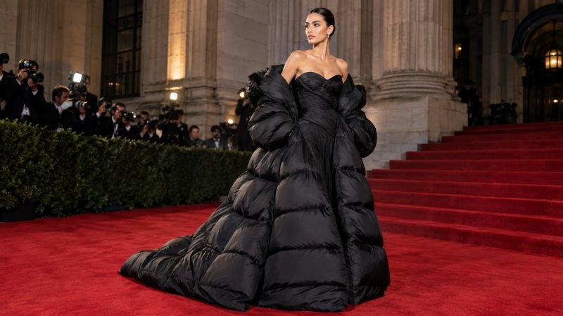 Moncler Exhibition New York Fashion Week: What to Know Moncler-inspired puffer gown red carpet fashion