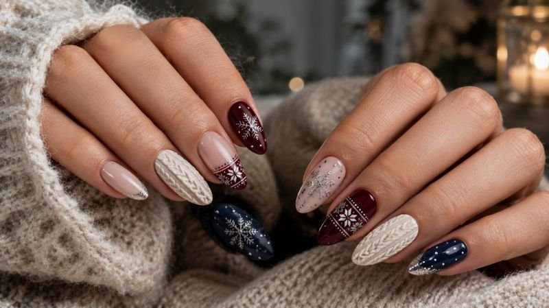 Winter Nails 2026: 30+ Trendy Nail Designs, Colors & Ideas Winter nail art with snowflakes, Nordic patterns and textured knit designs