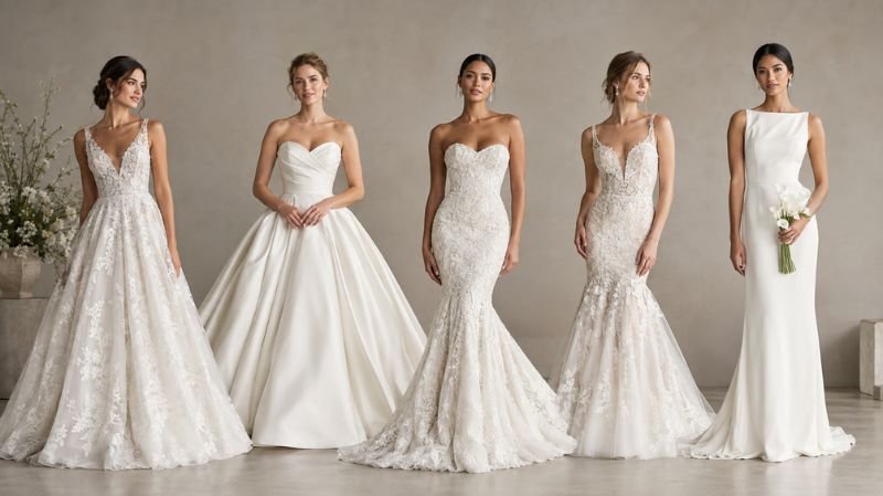 Wedding dress silhouettes including A-line ball gown mermaid and sheath