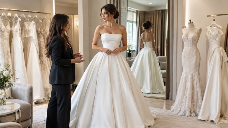 Bride trying different wedding dress silhouettes