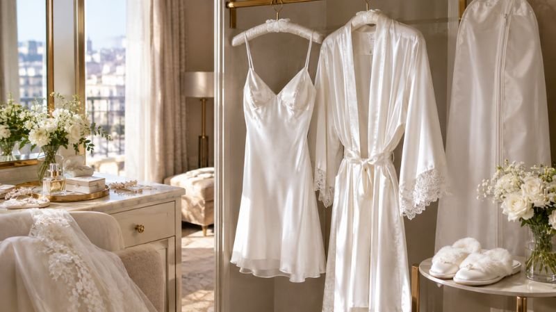 What to Wear on Your Wedding Morning for Beautiful Photos and Real Comfort Bridal morning garments prepared and steamed before the wedding