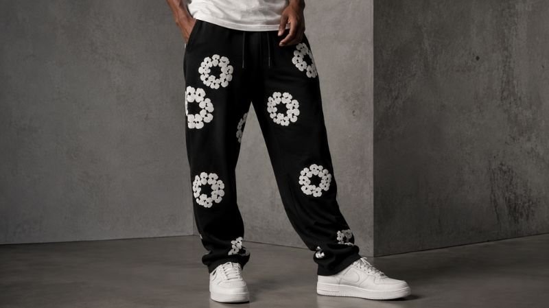 Denim Tears Sweatpants: Styles, Fit, Sizing & Buying Guide Denim Tears Cotton Wreath sweatpants showing the signature graphic design