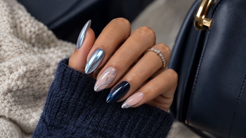 Winter Nails 2026: 30+ Trendy Nail Designs, Colors & Ideas Winter nails without Christmas designs featuring blue, pearl, navy and chocolate