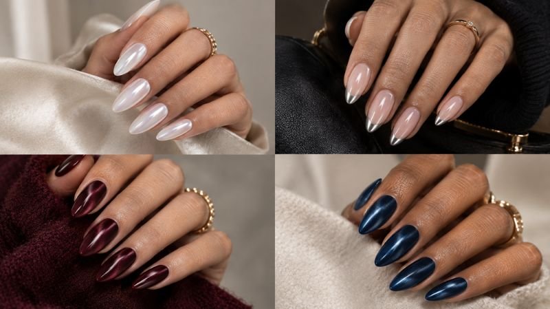 Winter Nails 2026: 30+ Trendy Nail Designs, Colors & Ideas Winter almond nails with pearl, chrome and burgundy designs
