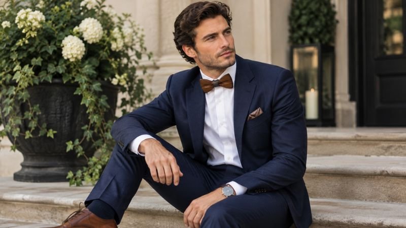 Wooden Bow Tie: Stylish Designs, How to Wear & Best Picks Walnut wooden bow tie with white shirt and navy suit