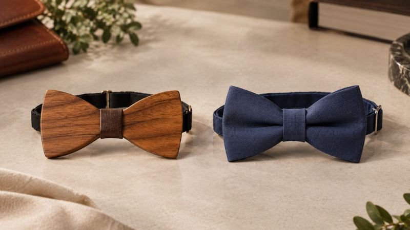 Wooden Bow Tie: Stylish Designs, How to Wear & Best Picks Wooden bow tie and traditional fabric bow tie side by side