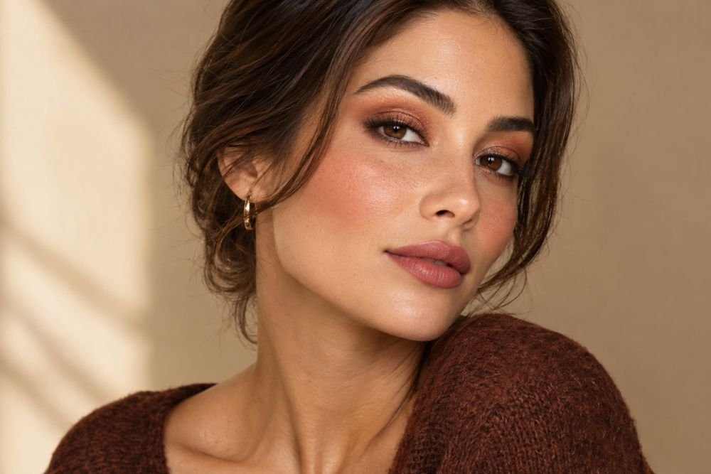 25 Fall Makeup Looks: Easy, Trendy & Wearable Ideas Fall makeup look featuring copper eyeshadow, glowing skin, and muted berry-nude lips