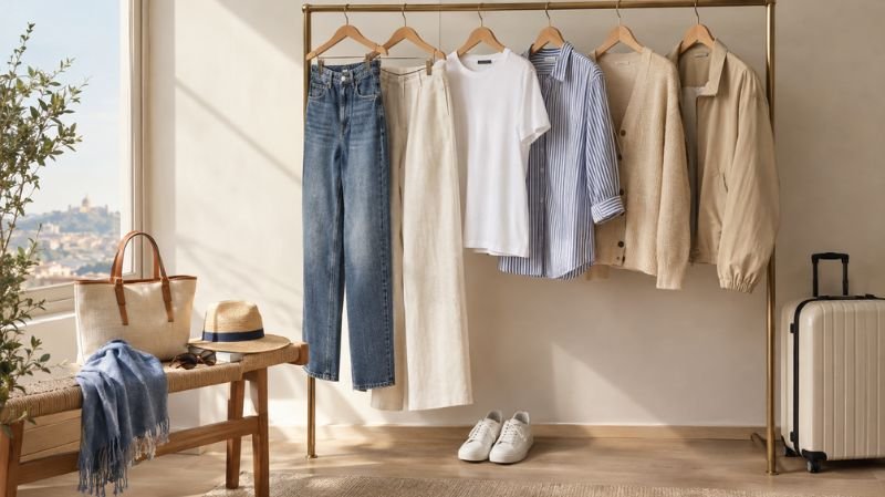 Versatile women's travel wardrobe with jeans, knitwear, linen trousers, and lightweight layers