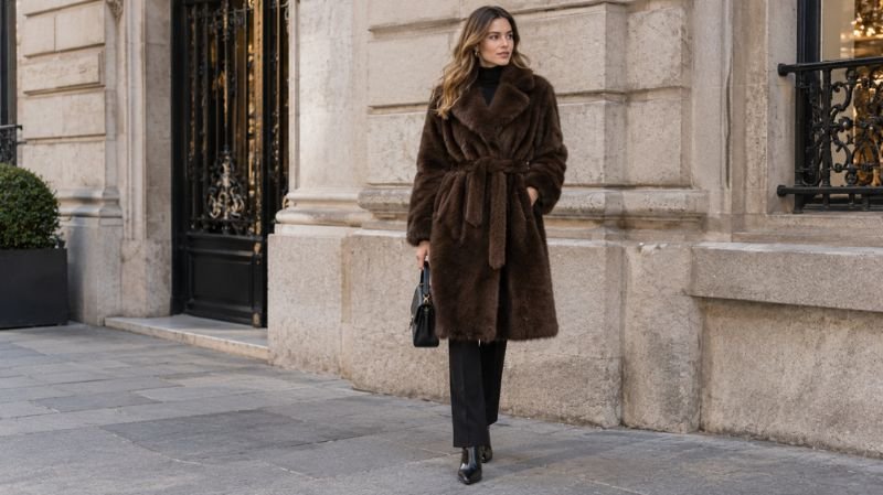 How to Wear a Fur Coat: 15 Stylish Outfit Ideas Belted chocolate-brown fur coat styled with black tailored trousers and leather boots