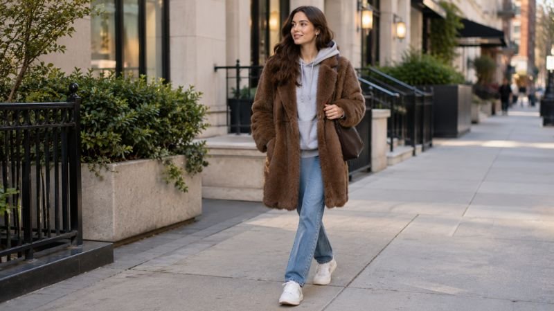 How to Wear a Fur Coat: 15 Stylish Outfit Ideas Brown fur coat styled with a gray hoodie, blue jeans, and white sneakers