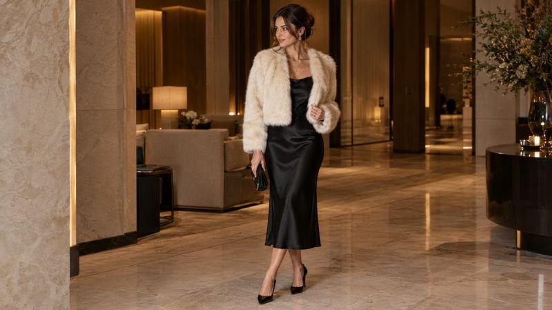 How to Wear a Fur Coat: 15 Stylish Outfit Ideas Cropped cream fur jacket worn over a black satin slip dress