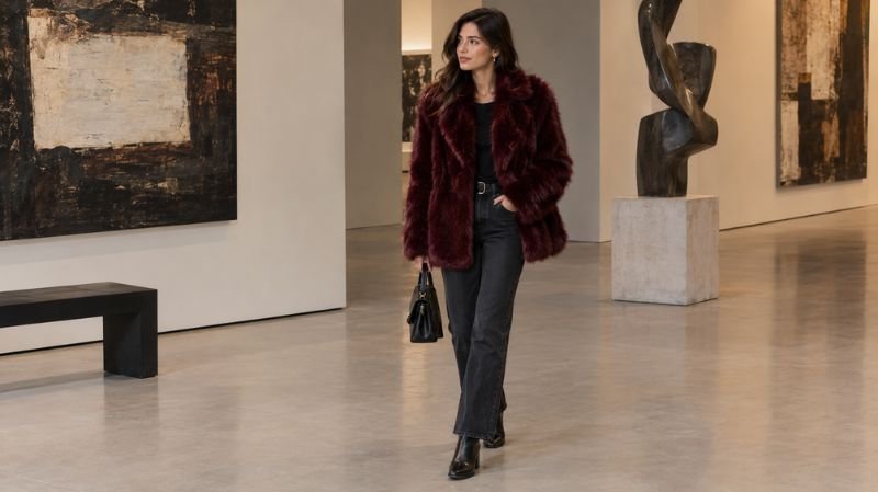 How to Wear a Fur Coat: 15 Stylish Outfit Ideas Burgundy fur coat styled with a black top, dark jeans, and ankle boots