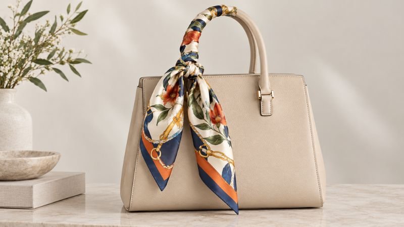 Patterned silk scarf tied around the handle of a neutral handbag