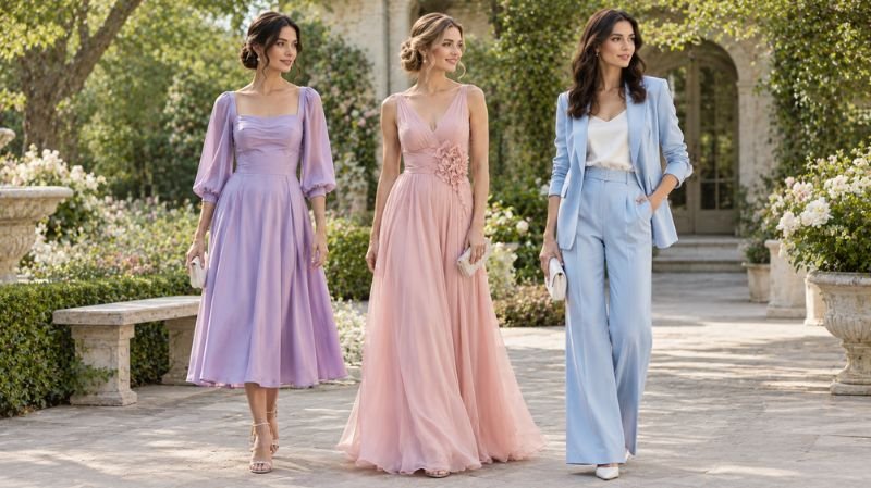 Formal Spring Outfit: Elegant Ideas for Every Occasion Pastel spring formal outfits in lavender, blush pink, and powder blue