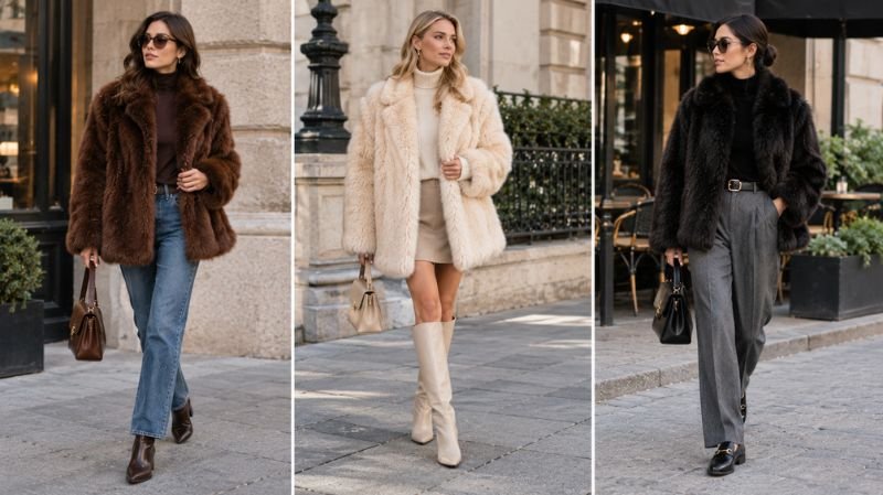 How to Wear a Fur Coat: 15 Stylish Outfit Ideas Fur coat outfits styled with ankle boots, knee-high boots, and loafers