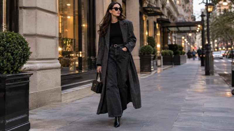 Black jeans styled with a statement coat