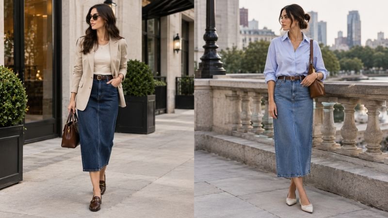 How to Style a Denim Skirt: 30 Chic Outfit Ideas Polished denim midi skirt outfit with blazer, loafers, and tailored styling