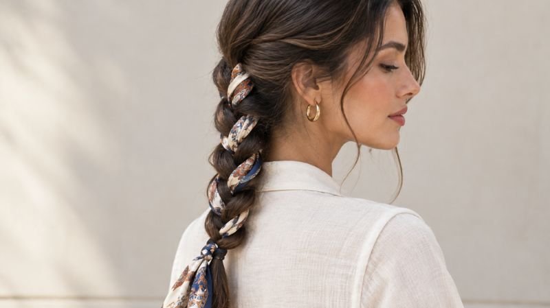 Long braid woven together with a patterned silk scarf