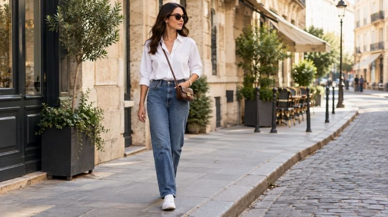 Woman sightseeing in straight-leg jeans, a white button-down shirt, and comfortable sneakers