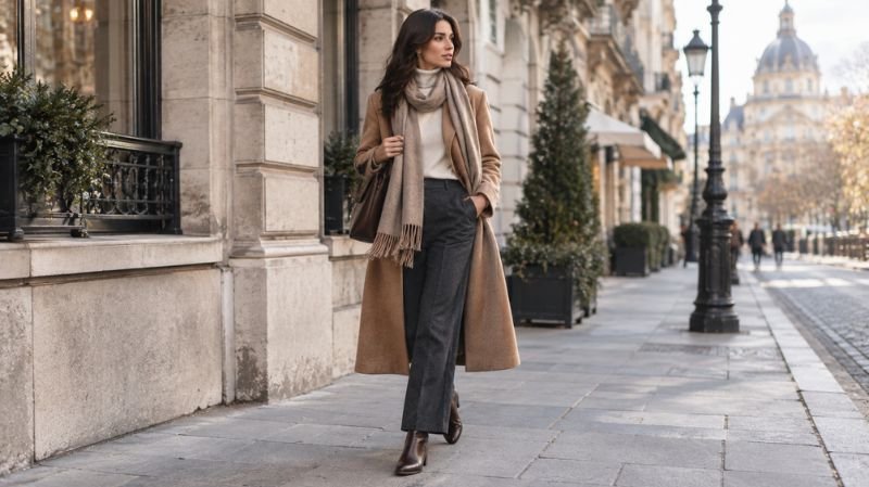 Woman wearing a camel wool coat, knitwear, tailored trousers, and ankle boots in cold weather