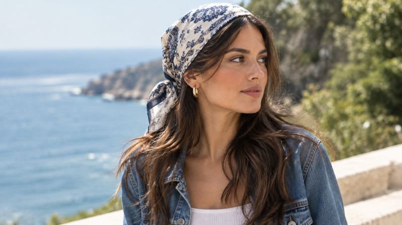 Silk bandana tied at the back of the head with denim clothing