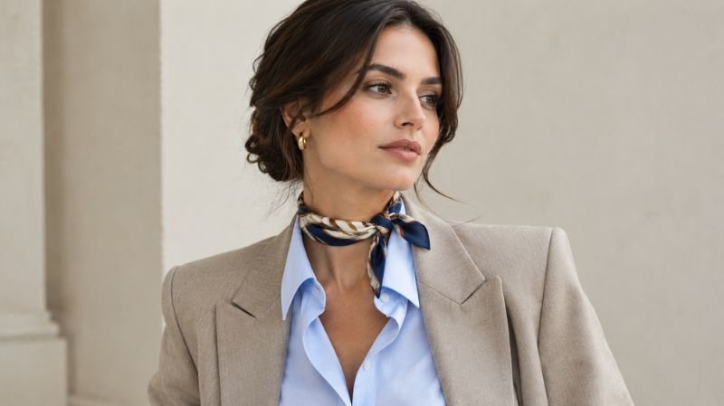 French-inspired silk neckerchief knotted beneath an open shirt collar