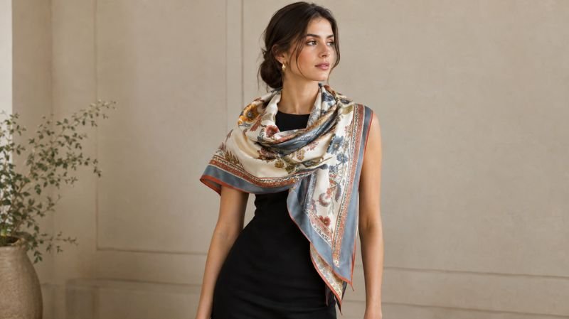 Large patterned silk scarf draped over a woman's shoulders