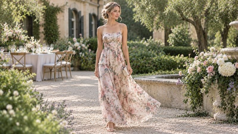 Formal Spring Outfit: Elegant Ideas for Every Occasion Floral maxi dress and elegant accessories for a spring formal event